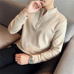 Men's T Shirts Autumn Solid Waffle Long Sleeve Stretched For Men Clothing 2023 V Neck Button Decor Slim Fit Casual Tee Shirt Homme