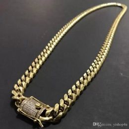 mens 18K Gold Tone 316L Stainless Steel Cuban Link Chain Necklace Curb Cuban Link Chain with Diamonds Clasp Lock 8mm/10mm/12mm/14mm/16mm/18m i4Jk#