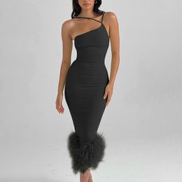 Elegant One Shoulder Feather Bottom Midi Dress For Women Robe Summer New Sleeveless Bodycon Long Dress Clubwear