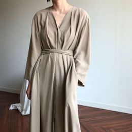 Casual Dresses Oversized Women Vintage Spring Autumn Chiffon Long Shirt Dress Sexy Vneck Sashes Full Sleeve Maxi Brief Solid Colour 230224