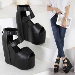 Sandals 17 Cm Super High Heels Platform Women Sandals Fashion Black White Thick Bottom Wedges Female Sandals Sexy Peep Toe Rome Shoes Z0224