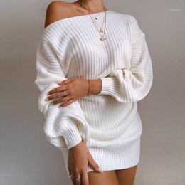 Casual Dresses The Test Off-shoulder Lantern Sleeve Knitted Sweater Dress Loose Christmas Party Mini Vestido Mujer Robe Femme