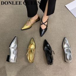 Dress Shoes Pointed Toe Women Flats 2023 Spring Low Heels Pumps Fashion Gold Sliver Party Belt Cross Strap Mary Jane Mujer 230224