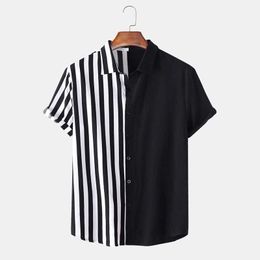 Men's Casual Shirts Summer New Mens Vintage Striped Shirts Fashion Casual Black White Patchwork Short Sleeve Hawaii Shirts For Men Camisas De Hombre Z0224