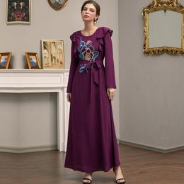 Ethnic Clothing Wepbel Arabic Robe Muslim Dress Women Eid Abaya Islamic Turkey Kaftan Purple Embroidery Ruffles Pure Colour Tied