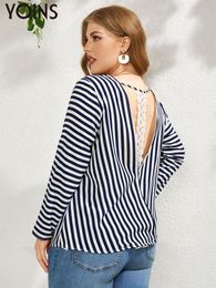 Women's Plus Size T-Shirt YOINS Women Blouses Fashion Lace Patchwork Elegant Long Sleeve Plus Size Shirts Backless Striped Tops Blusas Casual Tunic 230224