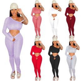 Women's Tracksuits Women Solid Crop Tops Off-shoulder Bell Bottom Skinny Jogger Sweatpant Suit Two Piece Set Sport Matching Outfit DropWomen