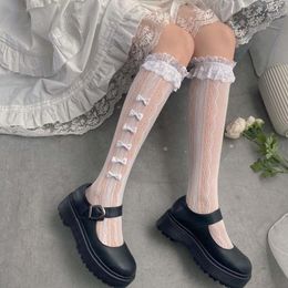 Women Socks Lolita Mid-Tube Hollow Out Sweet Lace Stockings Girls Kawaii T Bow Long Cosplay Costumes Fishnet Summer
