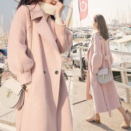 Women's Jackets Autumn and winter Korean highquality wool coat 2023 pink women's classic doublebreasted belt with medium long 230223