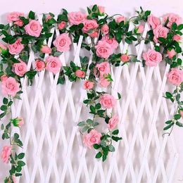 Decorative Flowers Silk Artificial Roses Rattan String Vine With Green Leaves For Home Wedding Garden Decoration Hanging Garland Wall