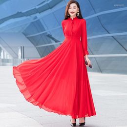 Casual Dresses Spring Long Sleeve Maxi Chiffon Dress Beach Ankle Length High Waist Women For Vestido De Mujer Femme Robe E236