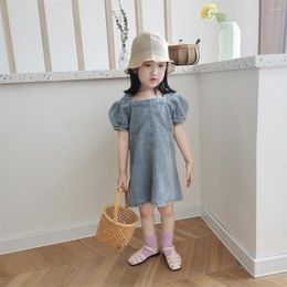 Girl Dresses Baby Girls Denim Dress 2023 Spring Summer Kids U-neck Puff Sleeves Solid Colour Skirt Casual 3-8 Years