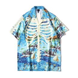 Men's Casual Shirts Summer New Trendyol Men Hawaiian Short Sleeve Shirt Mens Casual Skull Printed Beach Shirts Man Oversized Vintage Shirt Top Uomo Z0224