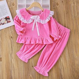 Pyjamas Princess Children Baby Clothing Set Kids Cute Sleepwear Autumn Velvet Nightwear Ruffle Girls Pyjamas Lace Pijamas 230224