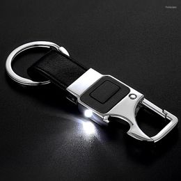 Keychains 2023 Men Metal Keychain Business Style Black Leather LED Light Opener Multi-function Car Bag Key Chain For KeyringKeychains Forb22