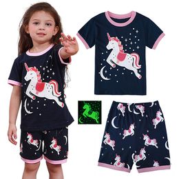 Pyjamas Kids Girls Unicorn Set Toddler Summer Cotton Sleepwear Cartoon Birthdday Gift Short Sleeve Nightwear Clothes 3 10Y 230224
