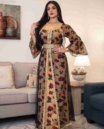 Ethnic Clothing Luxury Middle East Abayas for Women Dubai Dress Lace Applique Mesh Printing Long Sleeves Elegant Evening Party Muslim Clothes