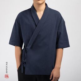 Men's Casual Shirts Men's Kimono Japan Harajuku Linen Vintage Streetwear Cardigan Chinese Jackets Traditional Slit Tops Coats
