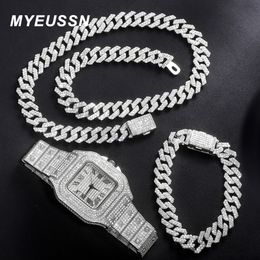 Pendant Necklaces Hip Hop 13MM Cuban Chain 3PCS WatchNecklaceBracelet Bling Crystal Iced Out Cuban Chains For Women Men Jewellery Gift 230224