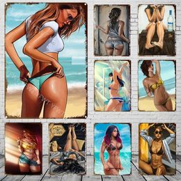 Retro Sexy Girl Poster Tin Sign Seaside Girl Art Poster Metal Plate Personalised Decorative Sign Retro Iron Painting Home Decor Garage Wall Decor Size 30X20CM w01