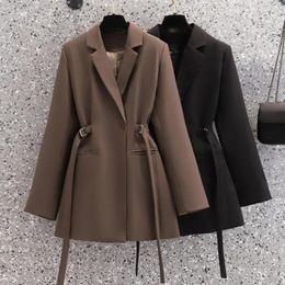 Women's Suits Elegant Women Blazer Solid Colour Lapel Long Sleeves Slim Waist Keep Warm Single Button Turn-down Collar Autumn Coat