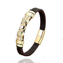 Link Chain New 2022 High Quality Vintage Men Leather Bracelet Stainless Steel clasp Stylish Metal Accessories Animal Bracelets Jewellery G230222