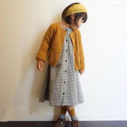 Girl Dresses Kids Dress Autumn Girls Cotton Plaid Puff Sleeve Jacket Wearing Cardigan College A-line Children Casual Loose Outfit