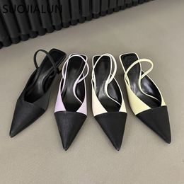 Sandals SUOJIALUN Spring Brand Pointed Toe Women Sandal Fashion Mix Colour Ladies Elegant Slingback Shoes Thin Med Heel Dress Pumps 230224
