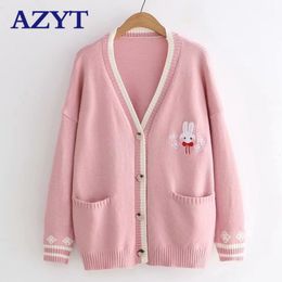 Women's Knits Tees AZYT Cartoon Embroidery Rabbit Knit Cardigan Female Spring Autumn Loose Knitwear Women Sweater Cardigan Casual Pull Femme 230223