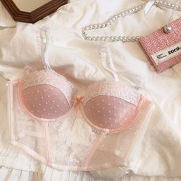 Women's cute pink lace dotted padded push up summer bra SMLXL