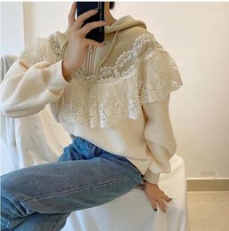 Women's Blouses 2023 Autumn Winter Women Sweatshirts Crewneck Hooded Pullovers Oversized Korean Jumper Lace Girls Tops With Fur CL806