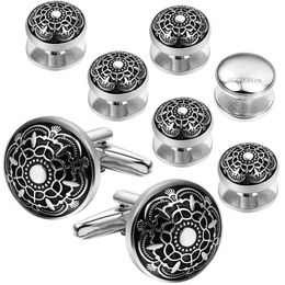 Tuxedo Shirt Cufflink Studs Retro Flower Engraved&Black Enamel- Best Wedding Busines Cufflinks For Mens Gifts