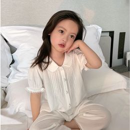 Pyjamas Kid Girl Turndown Collar Pyjama Sets Summer Toddler Kids White Pleated Pyjamas Set Cute Home Sleepwear Childrens Clothing 230224