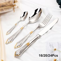 Dinnerware Sets 16 20 24 Pieces Gold Plated Cutlery Stainless Steel Luxury Tableware Sliver Knife Fork Spoon Kitchen Utensils 230224