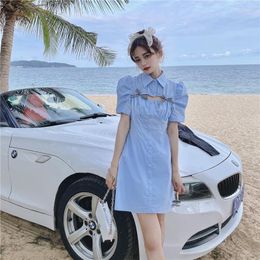 Party Dresses Summer Women Mini Bowknot Sexy Hollowed Out Puff Sleeve Waist Fashion Cute Kawaii One Piece Shirt Dress Korean Clothing2023