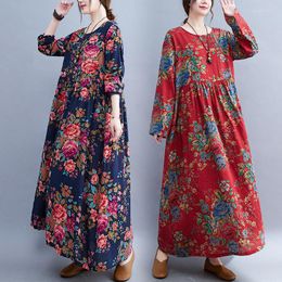 Casual Dresses National Printed Floral Dress Vintage Autumn Long Sleeve O-Neck Loose Women Spring Maxi Big Swing Vestidos