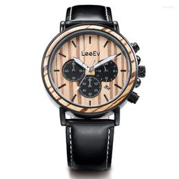 Wristwatches Man Quartz Watch Luxury Timepieces Chronograph Men's Wood Leather Business Band Bracelet Male Husband Gift