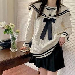 Women's Sweaters Kawaii Knitted Sweater Women Winter 2023 Vintage Bow Long Sleeve Top Korean Fashion White Pullover Harajuku School StyleWom