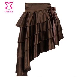 Skirts Brown Satin Bow Asymmetrical Ruffled Layered Sexy Corsets And Bustiers Gothic Victorian Skirt Lolita Steampunk For Women