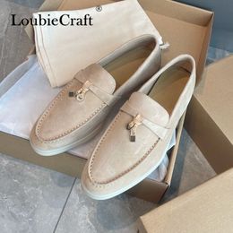 Dress Shoes Summer Walk Beige Suede Women Loafers Spring Autumn Slip On Flat Driving Shoe Leather Metal Lock Causal Moccasin Lazy Mule 230224