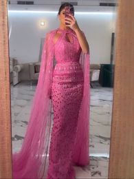 Party Dresses Serene Hill Pink Mermaid Elegant Cape Sleeves Beaded Luxury Evening Dresses Gowns For Women Arabic Party LA71817 230223