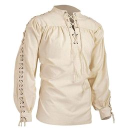 Mens Casual Shirts Gothic Men Shirts Renaissance Long Sleeve Fashion Bandage Top Solid Thin Spring Bandage Long Sleeve Mediaeval Shirt Casual Shirt 230224