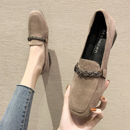 Dress Shoes Crystal Chain Flock Loafers Women Low Heels Espadrilles Women Shoes Ballerina Retor Square Toe Nubuck Velvet Moccasins Flats 230224