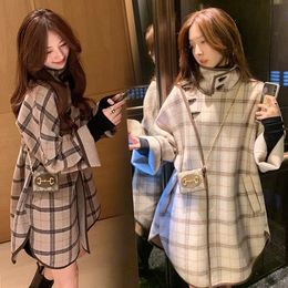 Women's Jackets Korean highquality plaid Woollen coat 2023 autumn and winter women's side button open antique loose medium long 230223