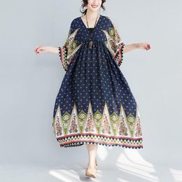 Ethnic Clothing Kaftan Floral Printed Long Dresses Muslim Fashion 2023 Women Dress Sleeve Robe Morocco Abaya Summer Sundress FF1791