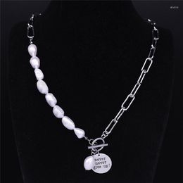Pendant Necklaces Punk Never Give Up Stainless Steel Freshwater Pearls Encourage Language Statement Necklace Jewelry Colier Femme N3706S07