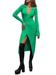 Casual Dresses Women Long Sleeve Sweater Dress V Neck Waist Tie Solid Slit Slim Fit Knit Bodycon