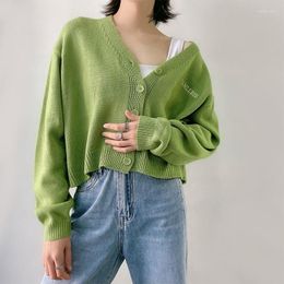 Women's Knits Letter Emboridery V-neck Knitted Women's Cardigan Solid Green Long Sleeve Loose Single Breasted Ladies Sweaters Casual