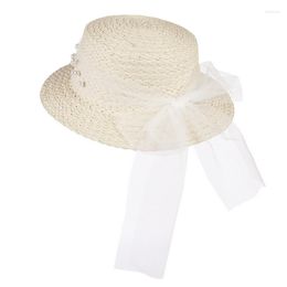 Hats Children Fashionable Summer Paper Sun Bead Decoration Bowknot Lace Ribbon Straw Visor Cap For Holiday Seaside