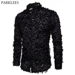 Mens Casual Shirts Sexy Black Feather Lace Shirt Men Fashion See Through Clubwear Dress Shirts Mens Event Party Prom Transparent Chemise S3XL 230224